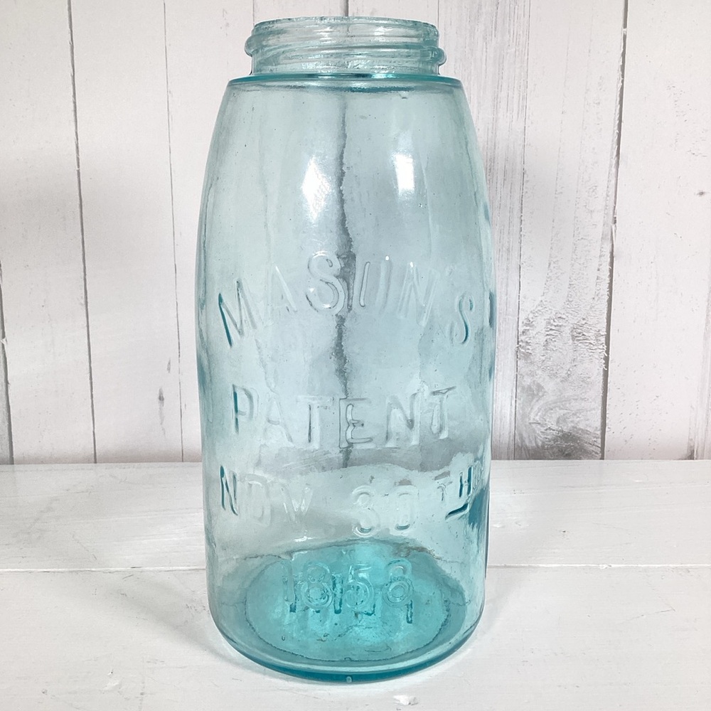 Port Mason's Patent Nov. 30th 1858 Aqua Blue Half Gallon Fruit Jar 9" X 4.25"
